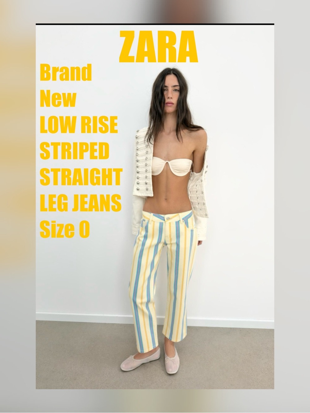 Zara Striped Straight-Leg Jeans in Yellow & Blue
